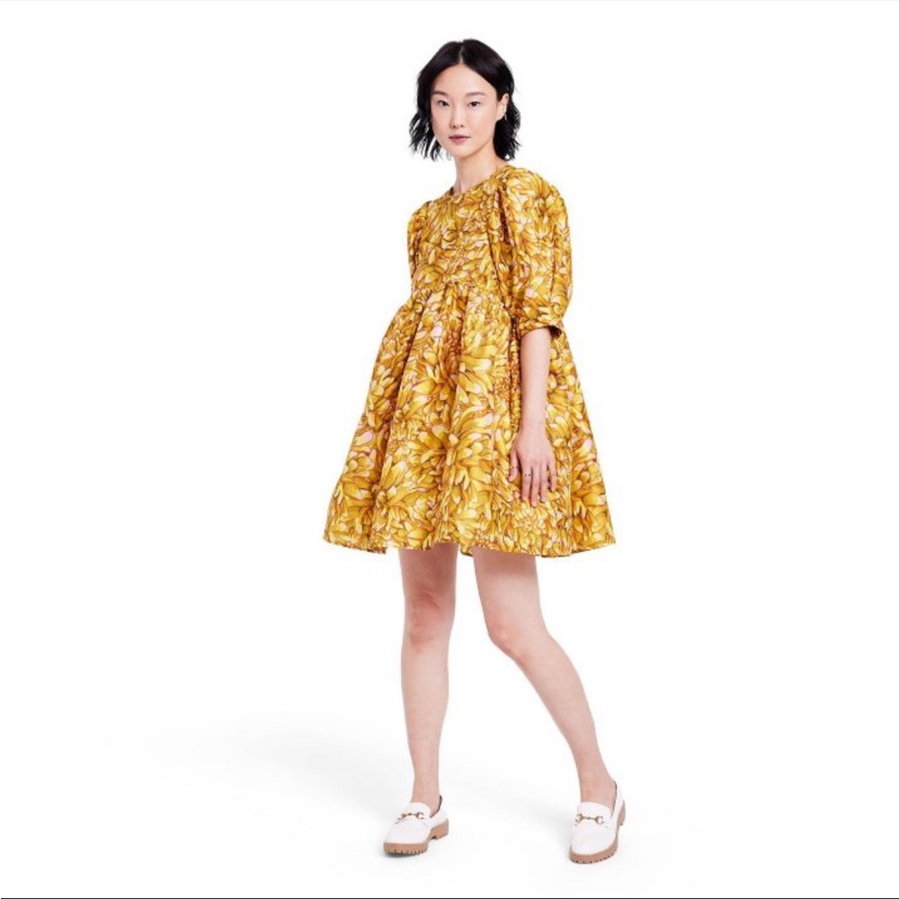 NWT Kika Vargas x Target Floral Puff Sleeve Mini Dress Gold